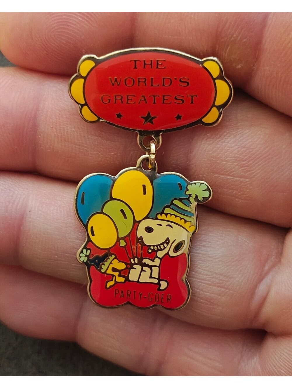 1970s/80s Peanuts Snoopy "World's Greatest Party-Goer" Award Dangle Pin